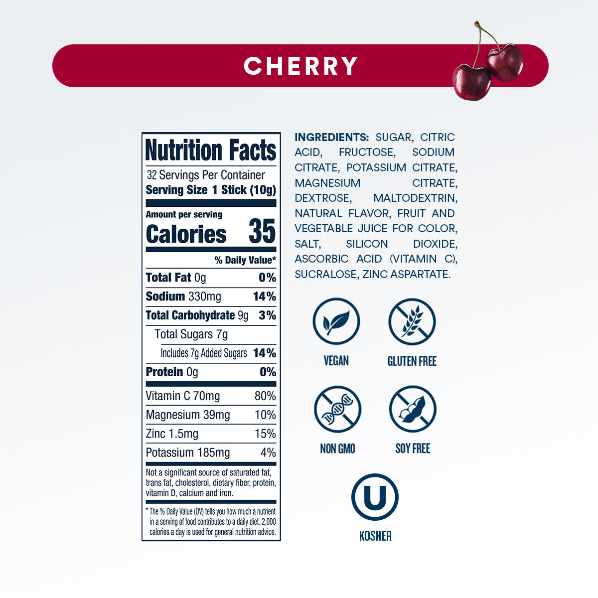 DripDrop Cherry Electrolyte Powder, 8 oz sticks, 32 count - 0E5M