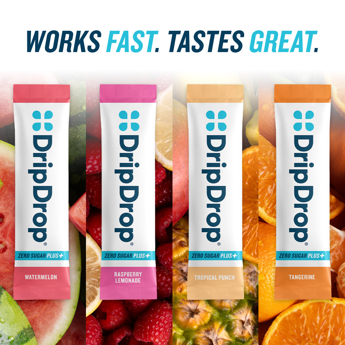 DripDrop Zero Sugar Plus, Watermelon, Tangerine, Tropical Punch, Raspberry Lemonade, 16 oz sticks, 16 count - 5WE2
