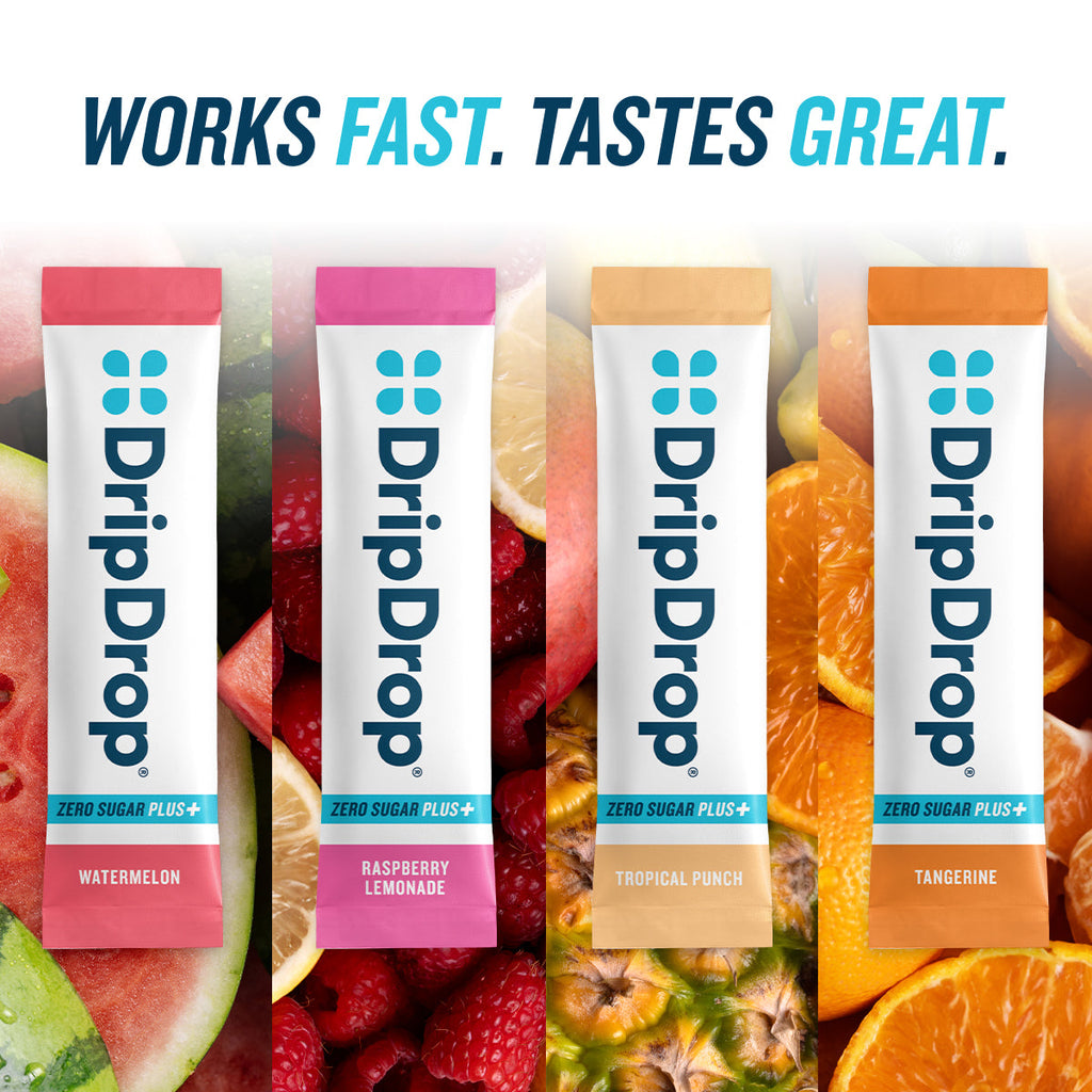 DripDrop Zero Sugar Plus, Watermelon, Tangerine, Tropical Punch, Raspberry Lemonade, 16 oz sticks, 8 count - HMG9