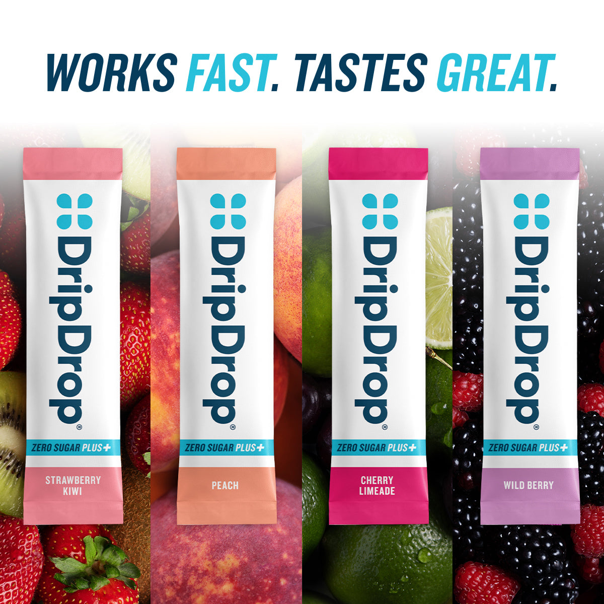 DripDrop Zero Sugar Plus, Strawberry Kiwi, Peach, Cherry Limeade, Wild Berry, 16 oz sticks, 8 count - WJG7