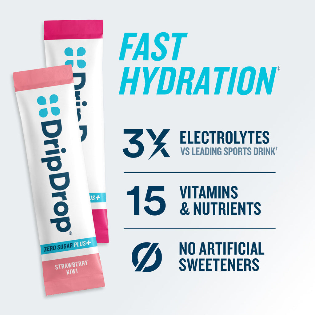 DripDrop Zero Sugar Plus, Strawberry Kiwi, Peach, Cherry Limeade, Wild Berry, 16 oz sticks, 16 count - QOI1