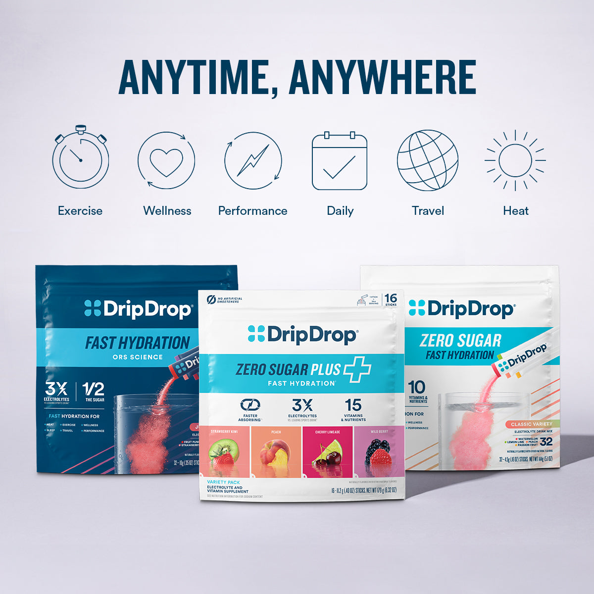 DripDrop Zero Sugar Plus, Watermelon, Tangerine, Tropical Punch, Raspberry Lemonade, 16 oz sticks, 8 count - HMG9
