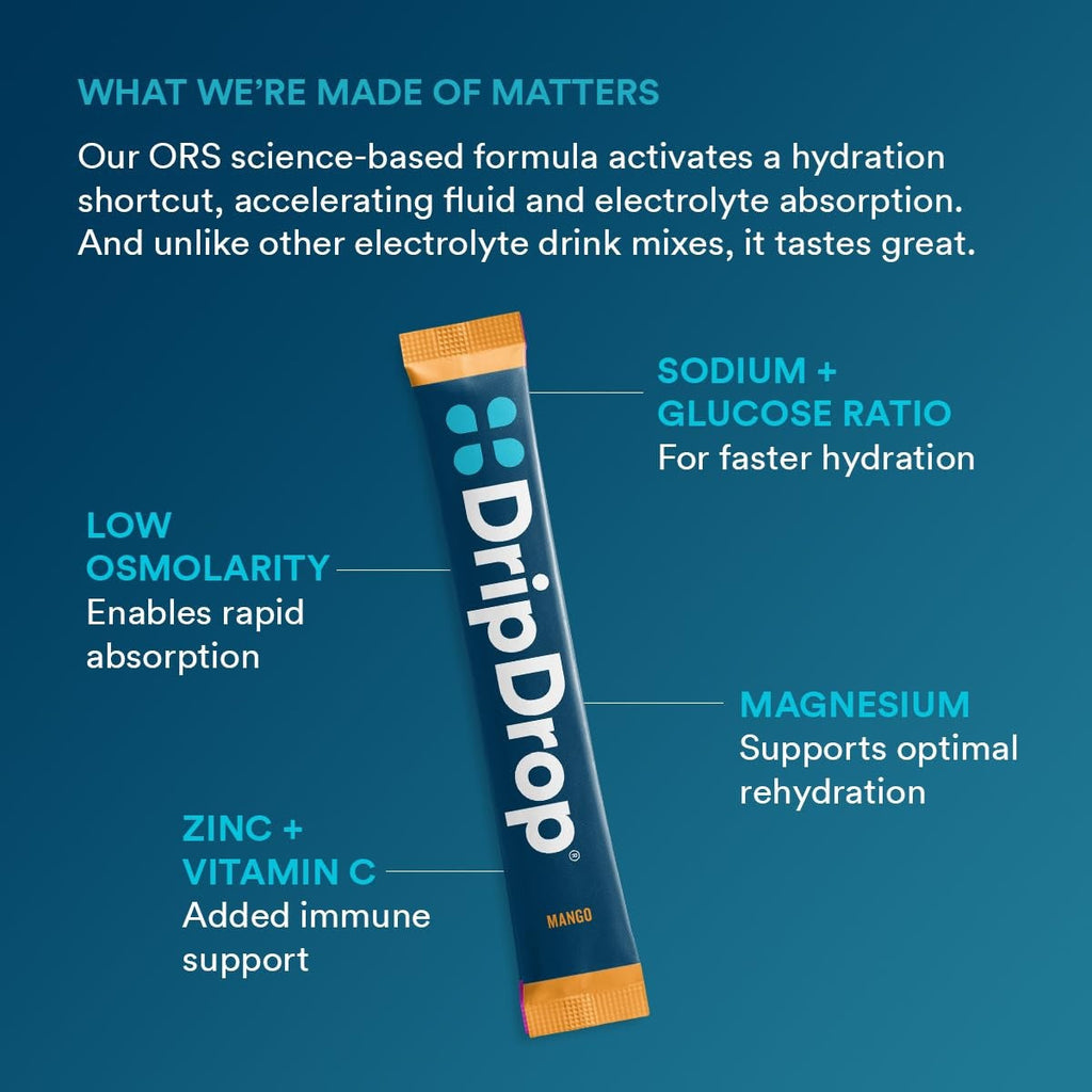 DripDrop Tropical Variety Pack Electrolyte Powder, 8 oz sticks, 16 count - 6G86